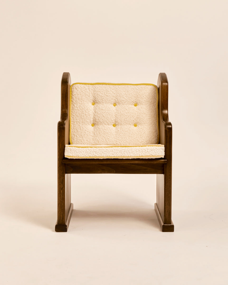 French Oak Church Pew Chairs with Cream Boucle and Mustard