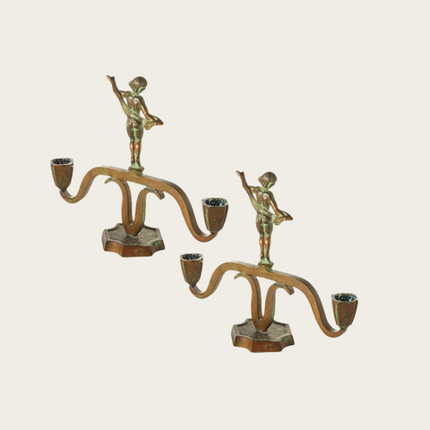 Pair of 1930's Swedish Art Deco Patinated Bronze Statuesque Candleholders