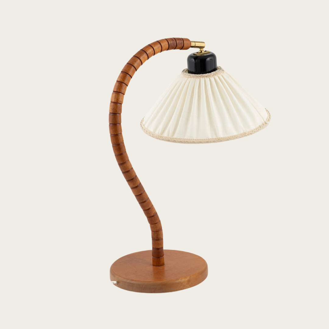 Curved Beechwood Table Lamp by Markslöjd with Linen Shade