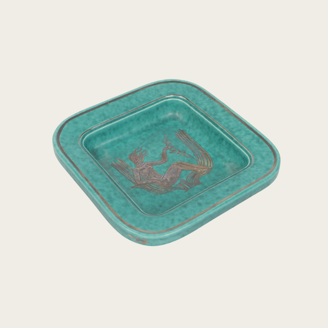 Footed Dish by Wilhelm Kage with Silver Leaf Mermaid in Center, Model 1196