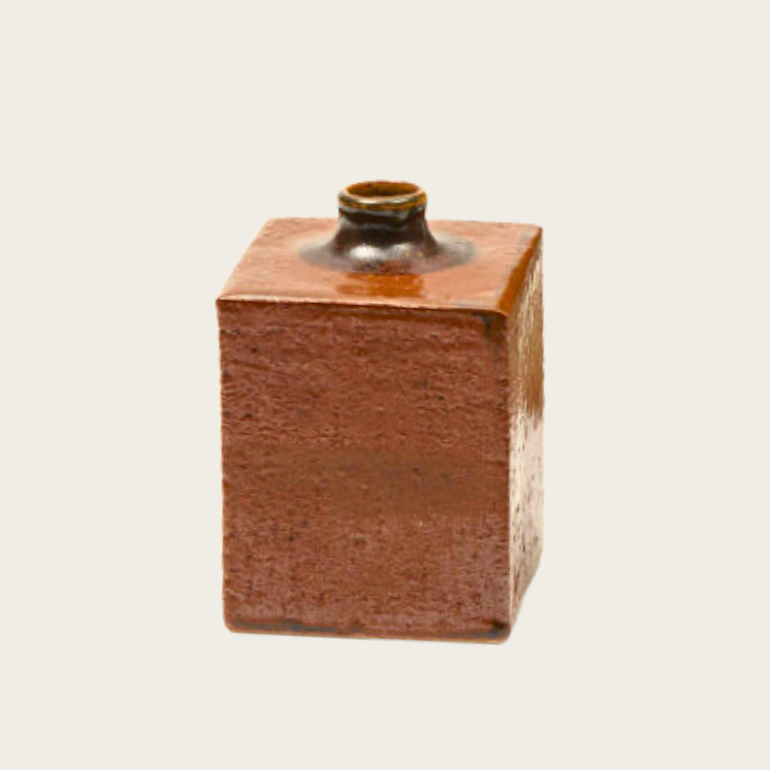 Cube Form Japanese Ceramic Vase with Amber and Brown Glaze