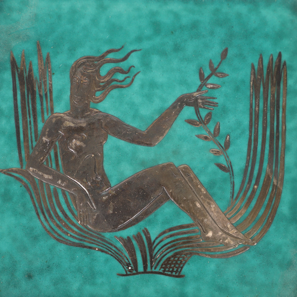 Footed Dish by Wilhelm Kage with Silver Leaf Mermaid in Center, Model 1196