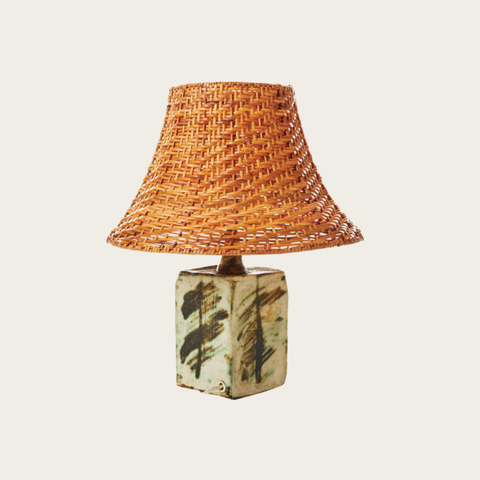 1950's Swedish Stoneware Table Lamp with Rattan Shade