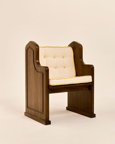 French Oak Church Pew Chairs with Cream Boucle and Mustard Mohair Piped Cushions