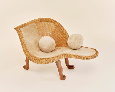 Crawler Chaise with Rattan Seat, Walnut Legs and Shearling Upholstery and Pillows