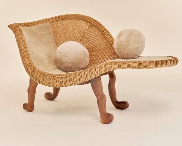 Crawler Chaise with Rattan Seat, Walnut Legs and Shearling Upholstery and Pillows