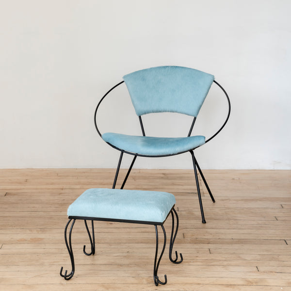 Wrought Iron Ottoman/Stool in Baby Blue Cowhide