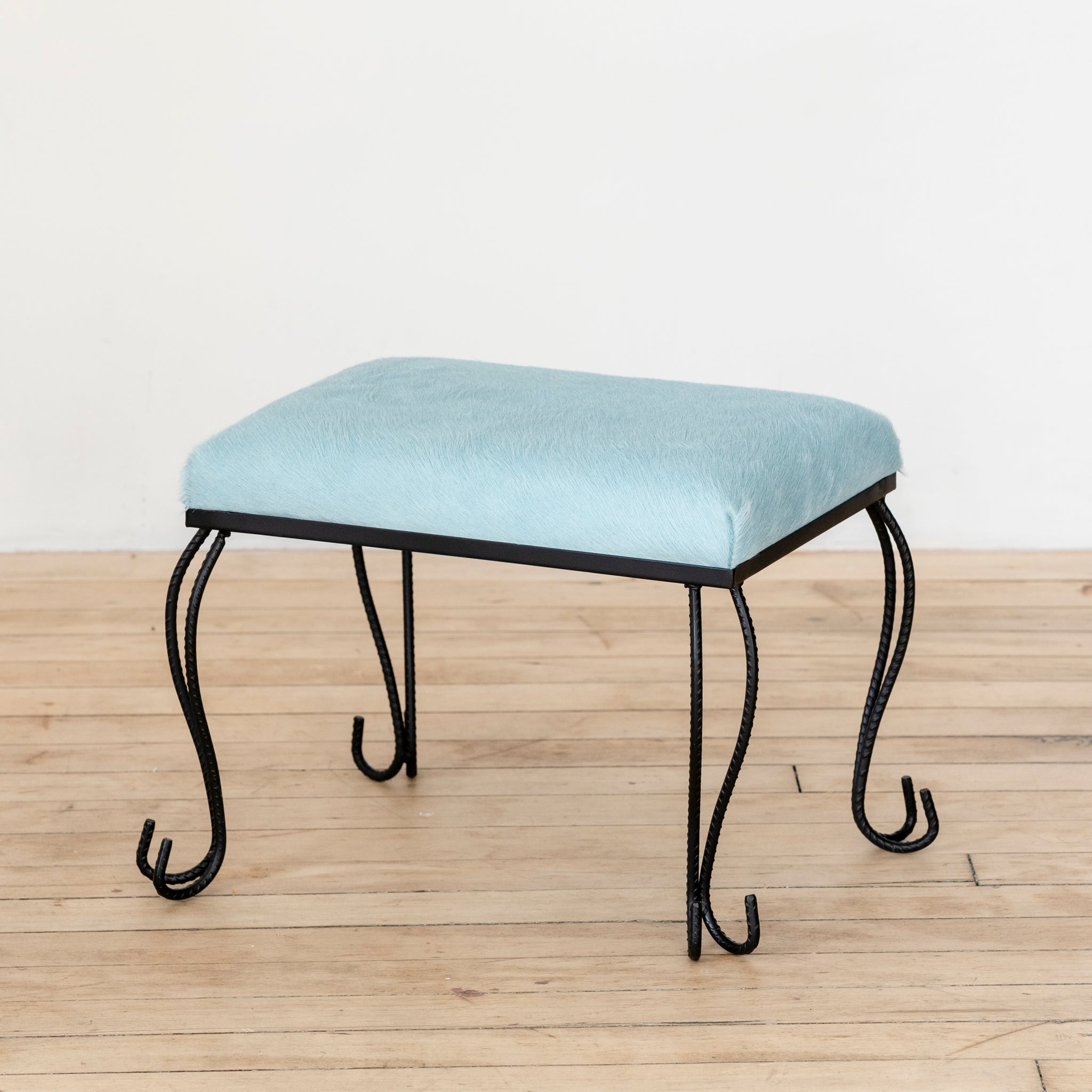 Wrought Iron Ottoman/Stool in Baby Blue Cowhide