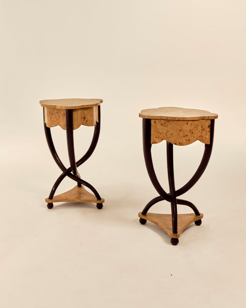 Pair of Scalloped Edge Burlwood Nightstands or Side Tables