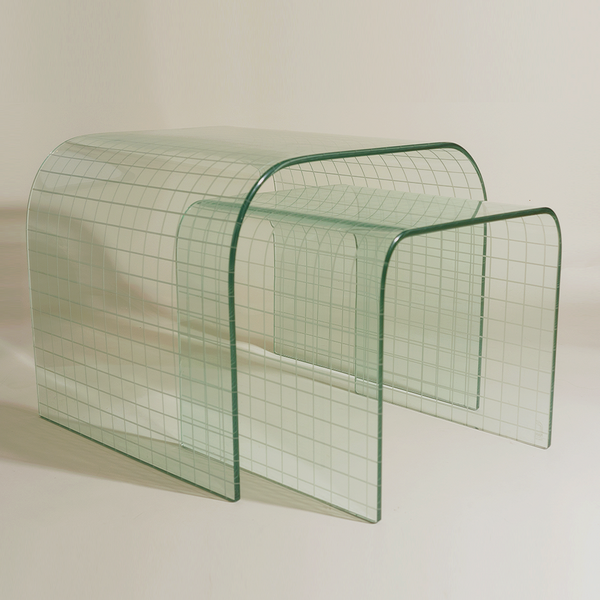 1970's Etched Grid Glass Waterfall Tables by Angelo Cortesi for Fiam Italia